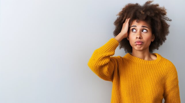 Frustrated consumer holding head, staring at blank wall with confused expression, isolated on neutral background, conveying consumer frustration and confusion.