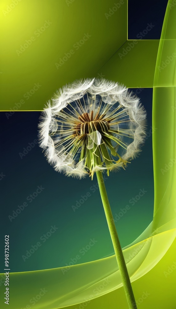 Poster a dandelion seed head with white fluffy petals and brown center stands out against a vibrant green b