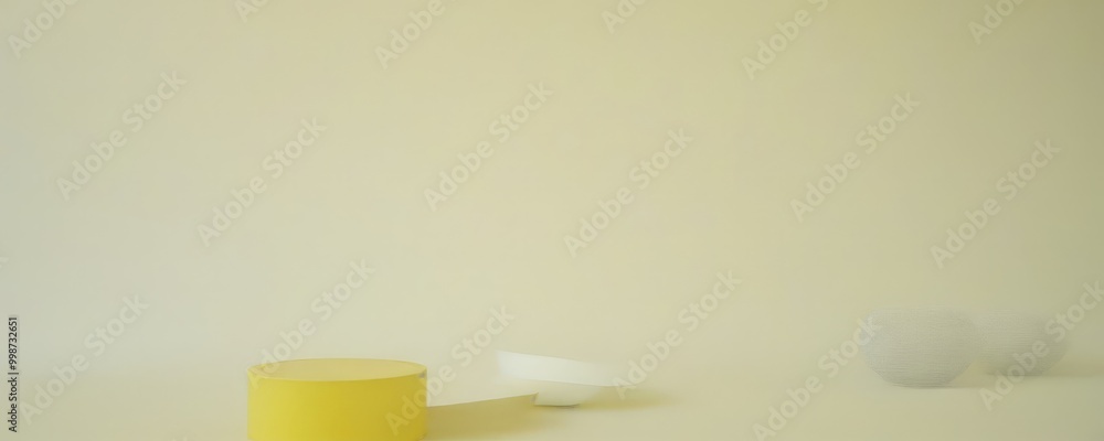 Aufkleber a minimalist arrangement of three objects on a white background The objects are a yellow cylinder, a white bowl, and two white spherical objects