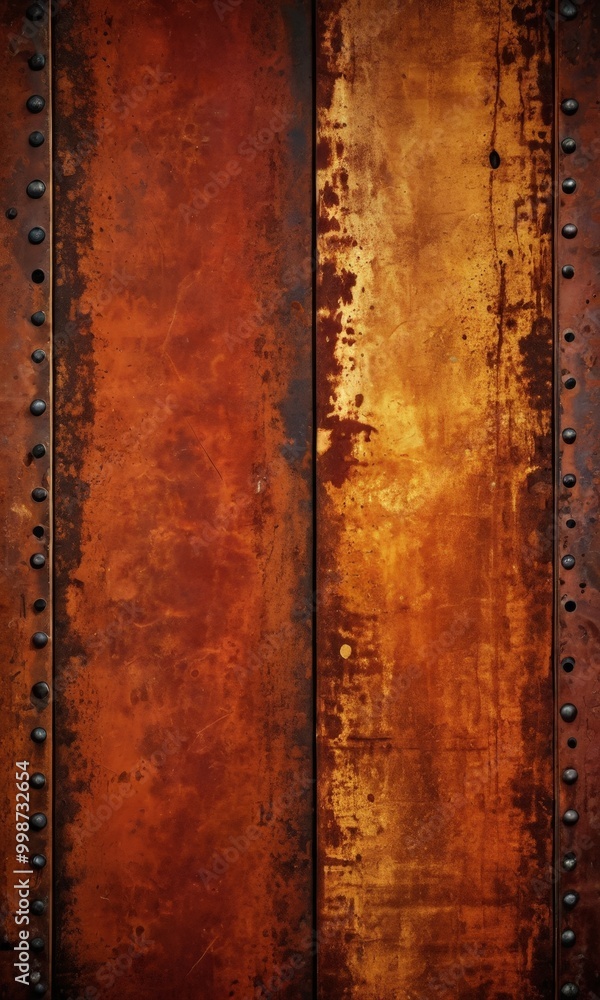 Poster a close-up textured metal surface with a reddish-brown hue, featuring vertical lines and a pattern o