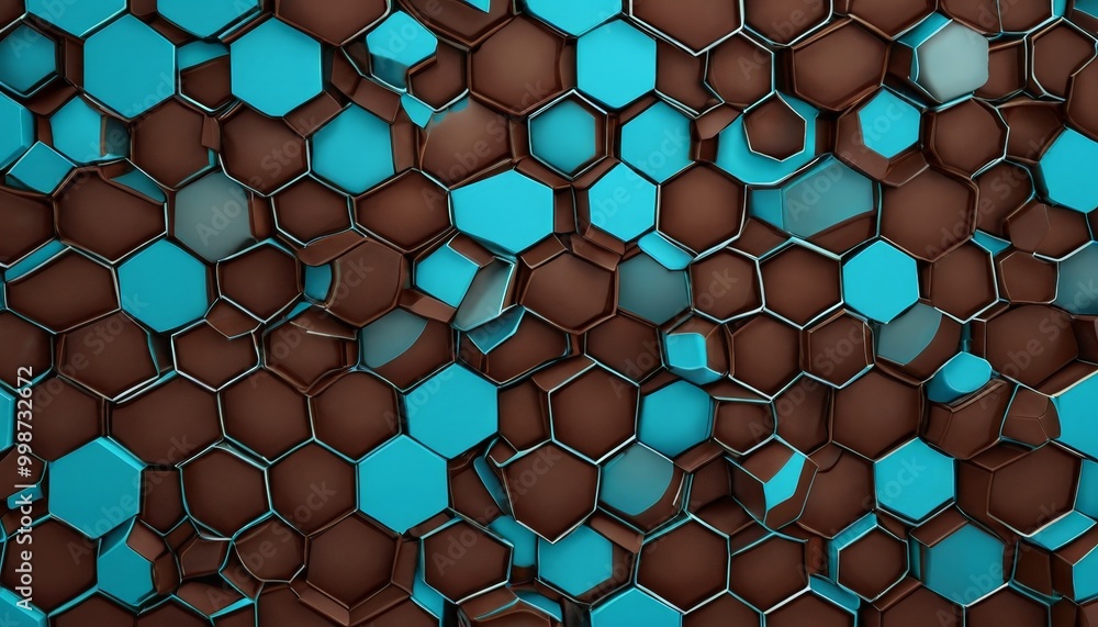 Poster a pattern composed of numerous hexagonal shapes in varying shades of brown and teal, arranged in a grid-like fashion