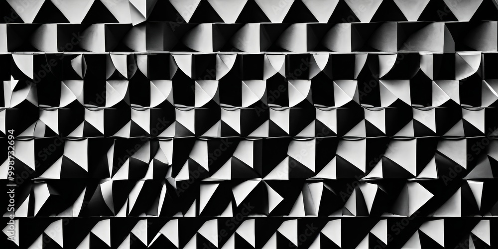 Poster a black and white photograph of a geometric pattern composed of overlapping triangles and rectangles, creating a visually striking and abstract design.