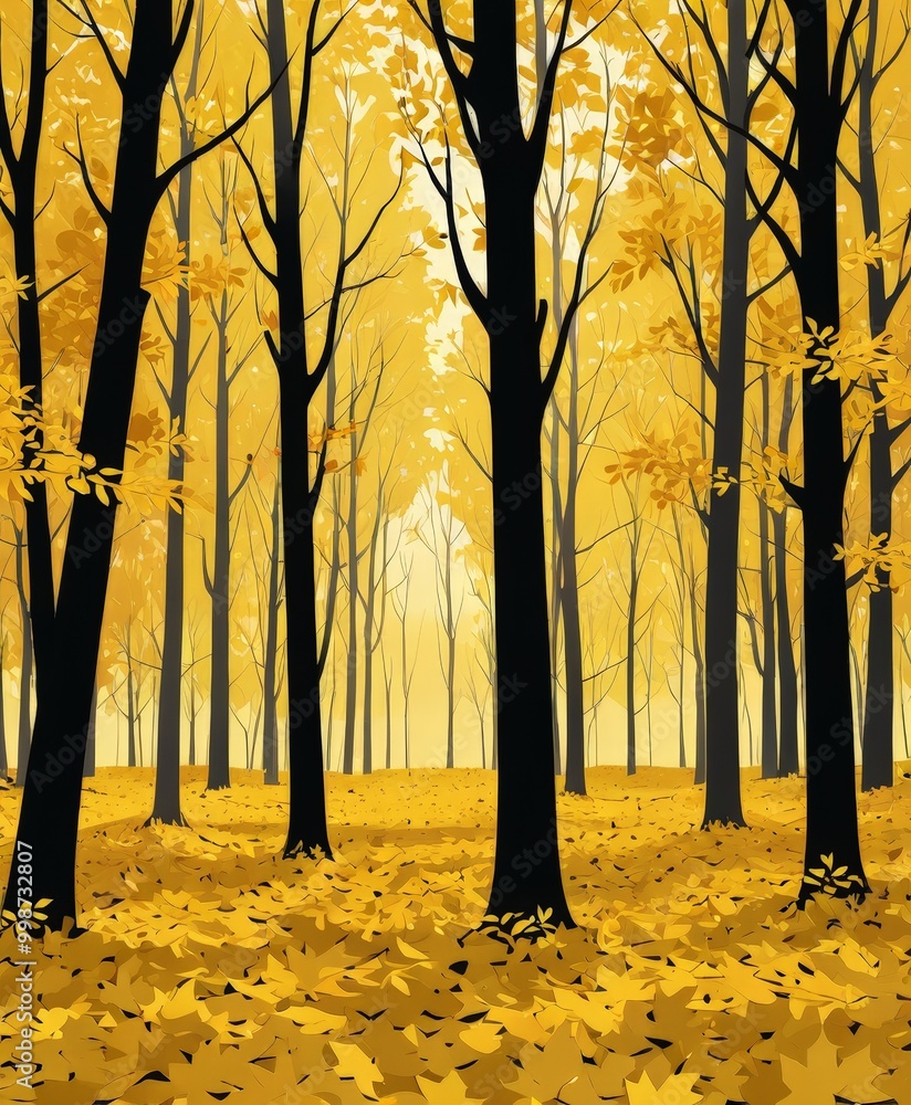 Poster A serene forest scene with tall trees and a carpet of yellow leaves covering the ground, creating a warm and inviting atmosphere