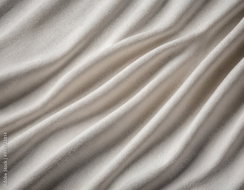 Poster Close-up of a white fabric with a subtle texture, featuring a diagonal pattern of folds and creases.