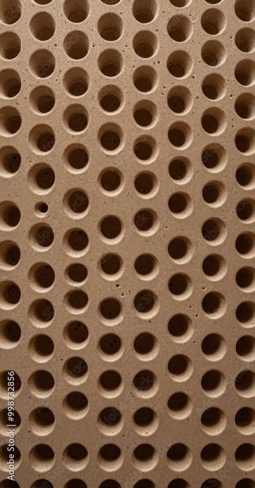 Poster a close-up view of a textured surface with a grid-like pattern of small holes or perforations. The holes are evenly spaced and vary in size, creating a visually interesting