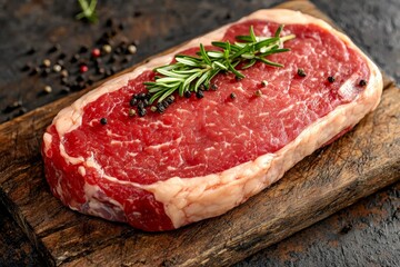 Juicy Raw Steak on Wooden Board - Close-Up of Fresh Beef with Pepper and Rosemary on Rustic Surface for Gourmet Cooking or Menu Design