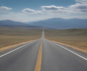 A long, straight road stretches out into the distance, flanked by a yellow dividing line and surrounded by a vast, arid landscape with distant mountains under a cloudy sky