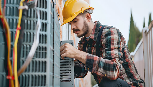Technician performing air conditioner maintenance by cleaning the filter. essential hvac service to ensure efficient cooling