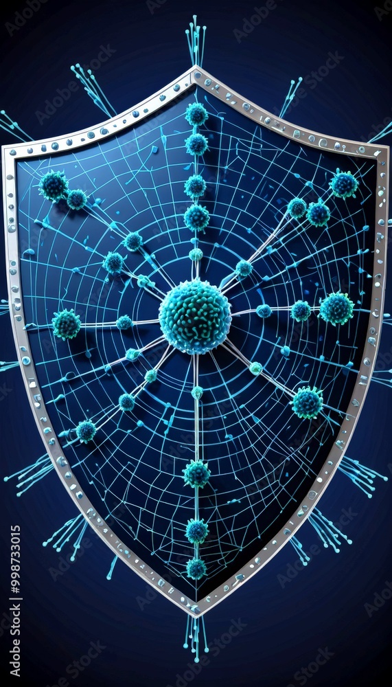 Poster A digital illustration shield-shaped structure with a network of interconnected lines and blue particles, resembling a web or a network of particles