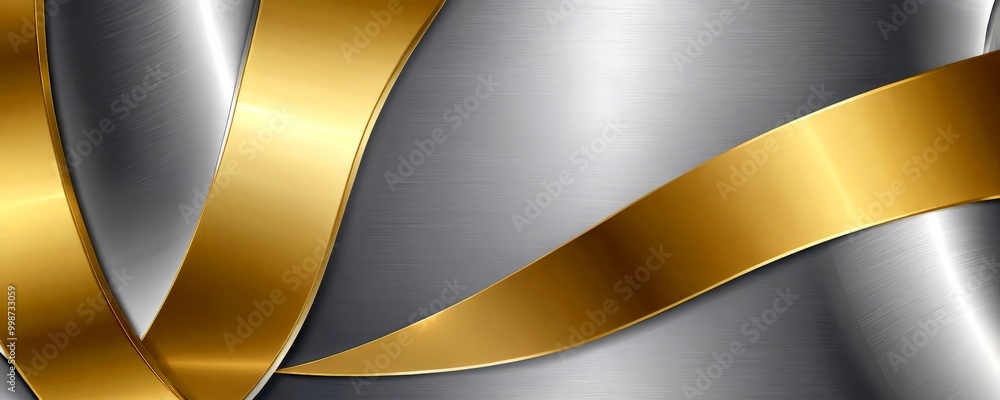 Poster a metallic surface with a repeating pattern of curved lines in gold and silver colors, creating a sense of movement and depth