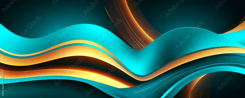 Poster a vibrant abstract composition of overlapping curved lines in shades of blue, orange, and yellow, cr