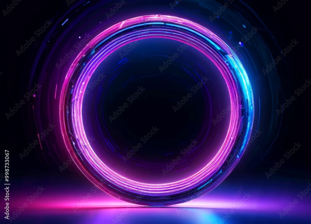 Poster a futuristic, glowing ring with a circular design and a gradient of purple and blue hues, set agains