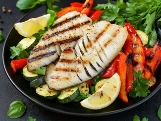 Succulent Grilled Fish Platter on Dark Textured Surface - Gourmet Seafood Delight for Culinary Creations, Vibrant Ingredients, Freshness Concept