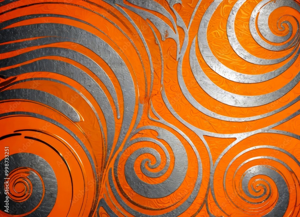 Poster a striking abstract pattern composed of overlapping concentric circles in shades of orange and silver, creating a sense of movement and dynamism