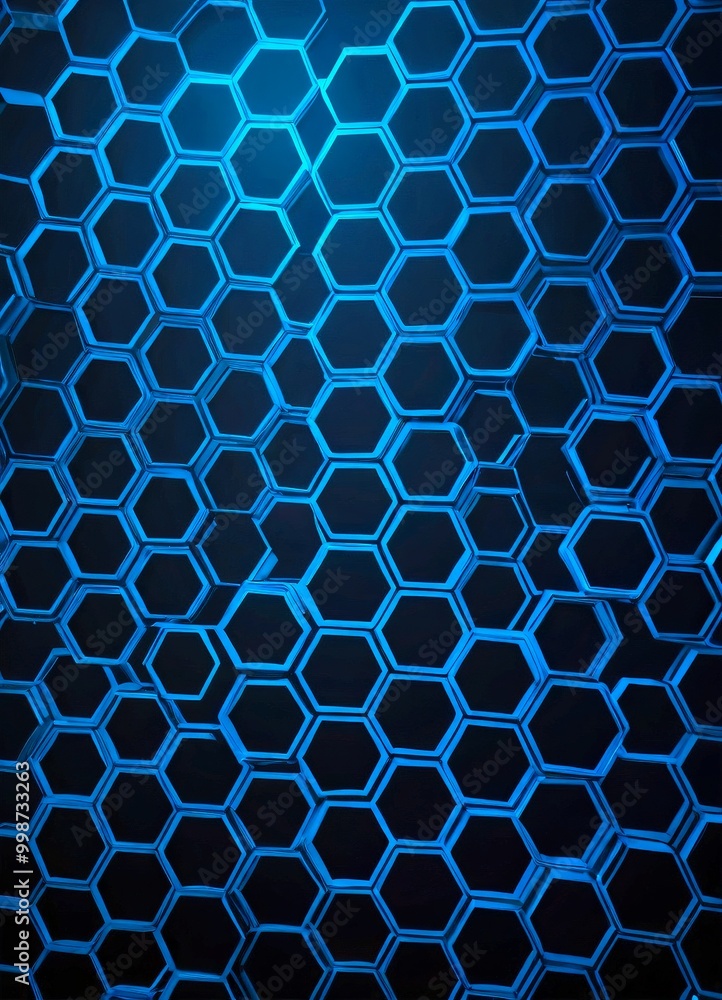 Poster a repeating pattern of blue hexagonal shapes against a black background, creating a visually striking and geometric design