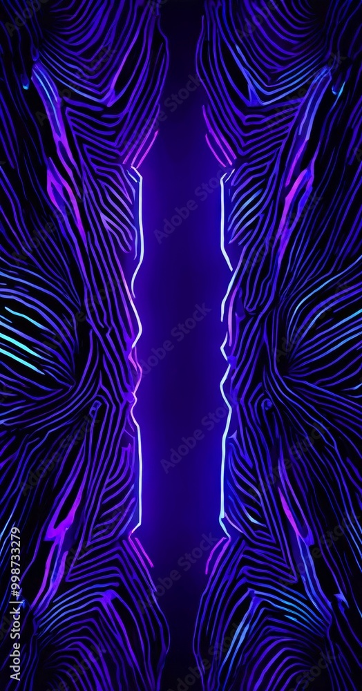 Poster a striking abstract pattern with a central vertical line, flanked by two symmetrical, curved lines on either side The background is a deep purple color, and the is