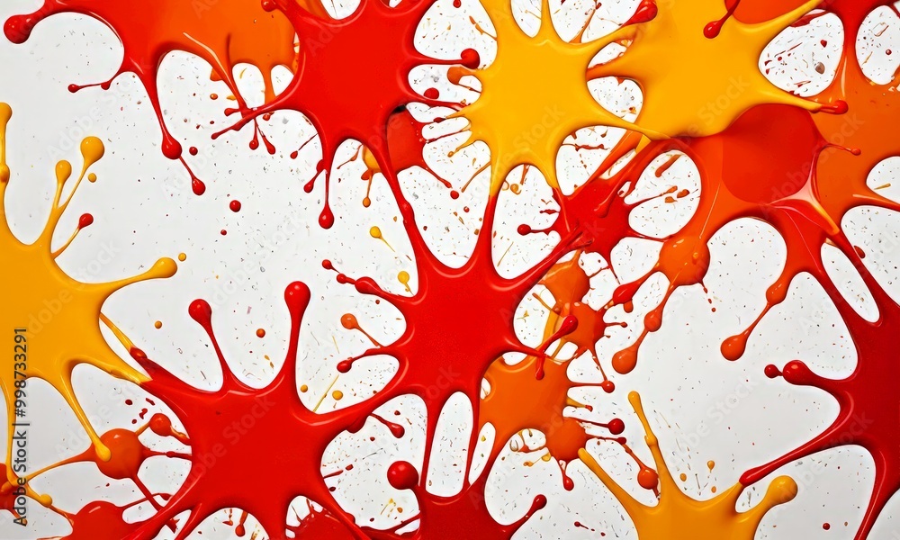 Poster a close-up view vibrant abstract painting, with splashes of red and yellow paint creating a dynamic and energetic composition