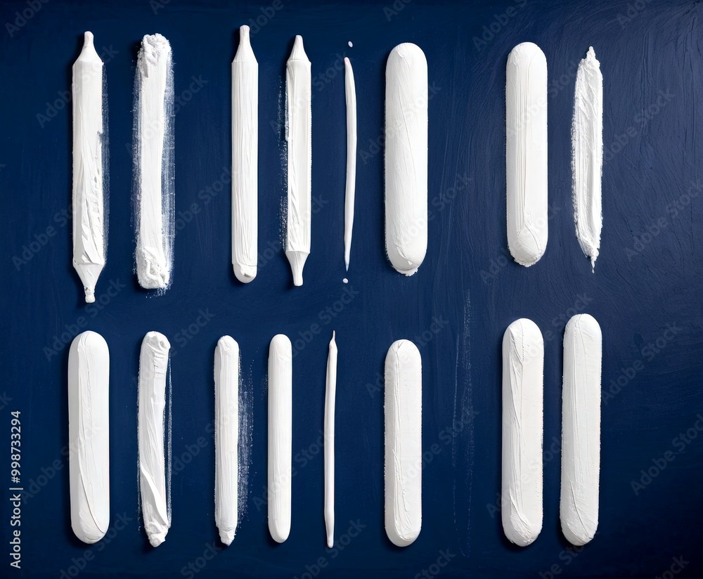 Poster a collection of white cylindrical objects arranged in a grid-like pattern against a dark blue background