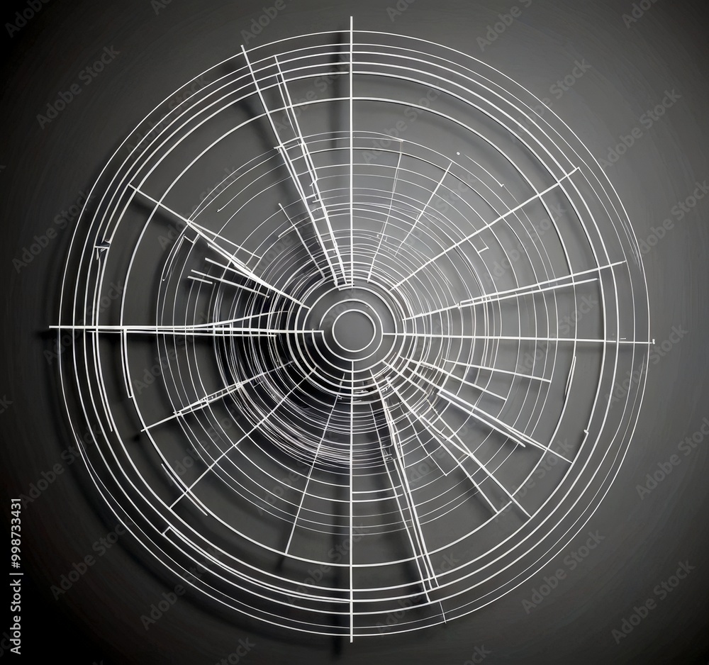 Fototapete a circular abstract art piece composed of intersecting white lines, creating a radial pattern against a gray background
