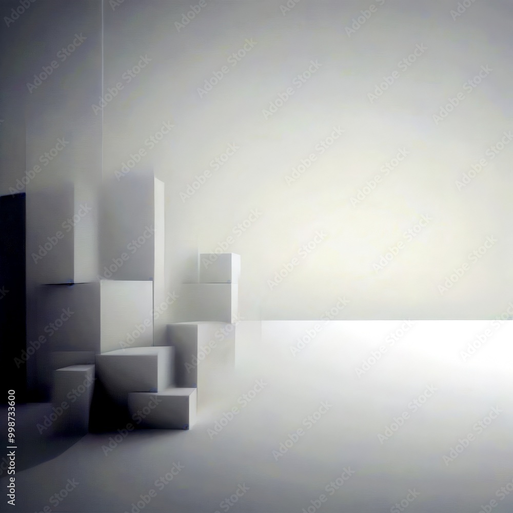 Poster a minimalist, abstract room with a geometric design, featuring a series of stacked cubes in varying 