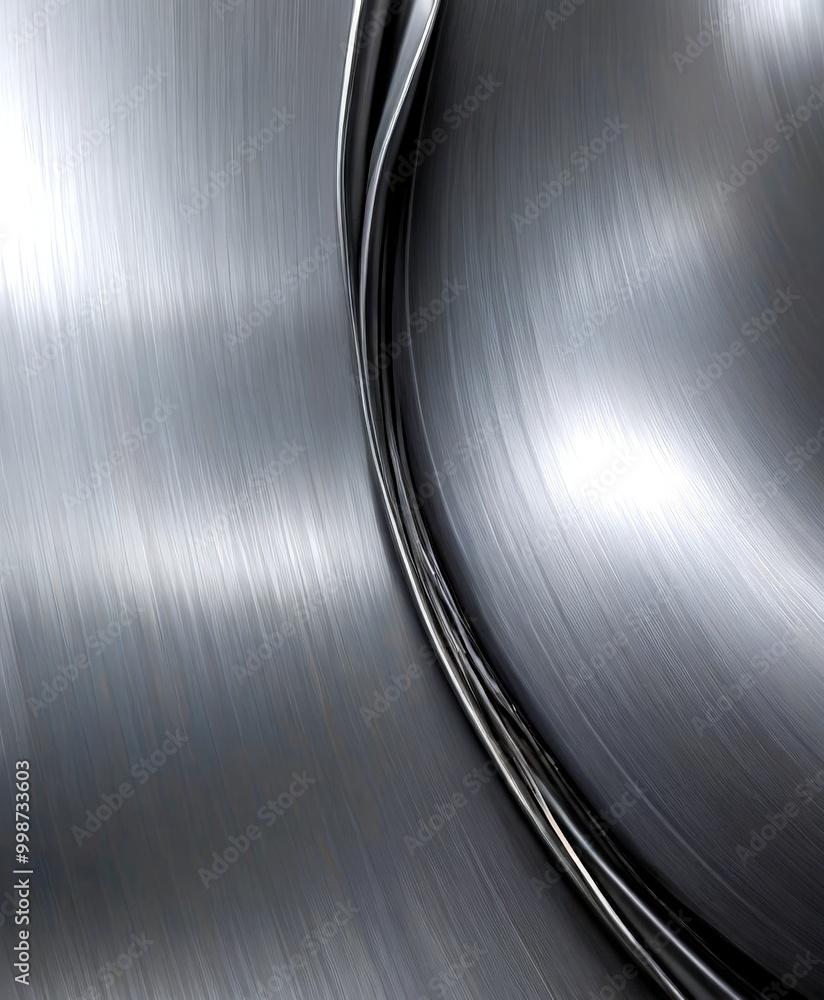 Poster a close-up view metallic surface with a curved, metallic texture The surface appears to be made shiny, metallic material, possibly steel, and has a reflective,
