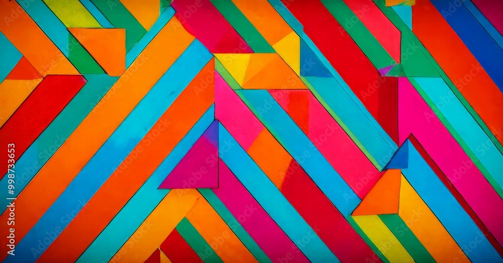 Poster a vibrant abstract pattern composed of intersecting diagonal lines in various bright colors, includi