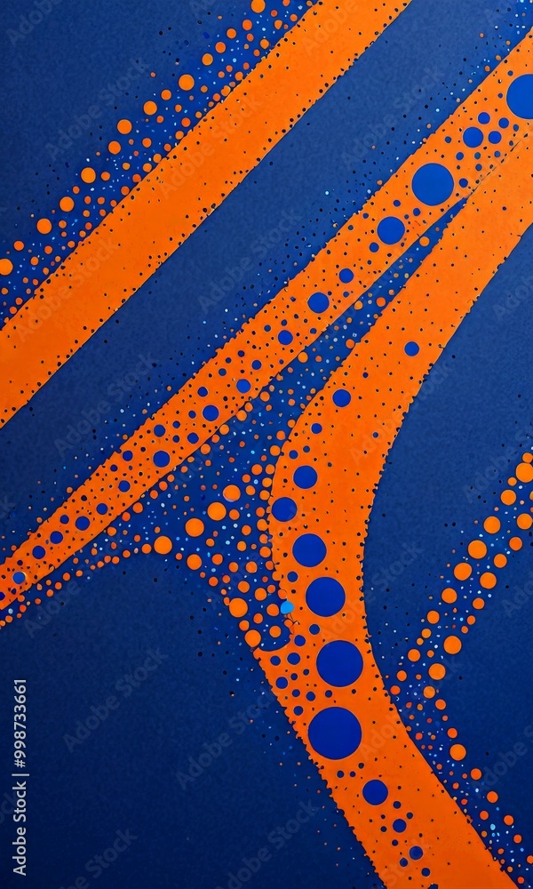 Fototapete a striking abstract composition of intersecting lines and dots in shades of blue and orange, creating a dynamic and visually captivating pattern