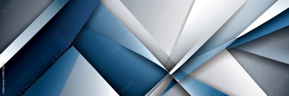 Poster a geometric abstract composition featuring intersecting lines and triangles in shades of blue and gr