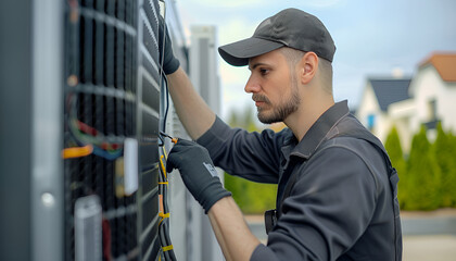 Technician performing air conditioner maintenance by cleaning the filter. essential hvac service to ensure efficient cooling