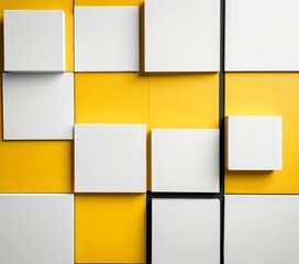 a geometric pattern composed of white cubes arranged in a grid-like formation against a yellow background