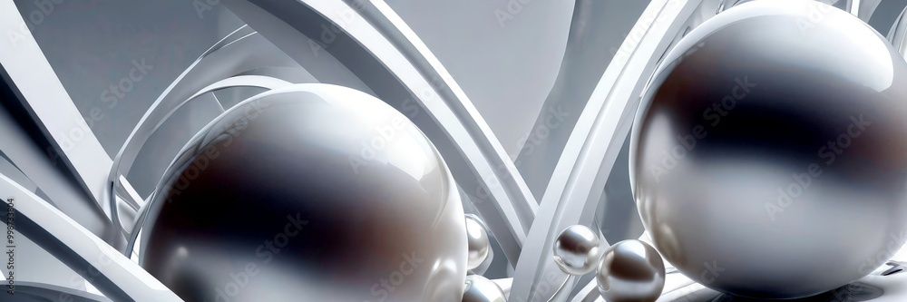 Poster a collection of white spheres, each with a unique shape and size, arranged in a visually striking ma