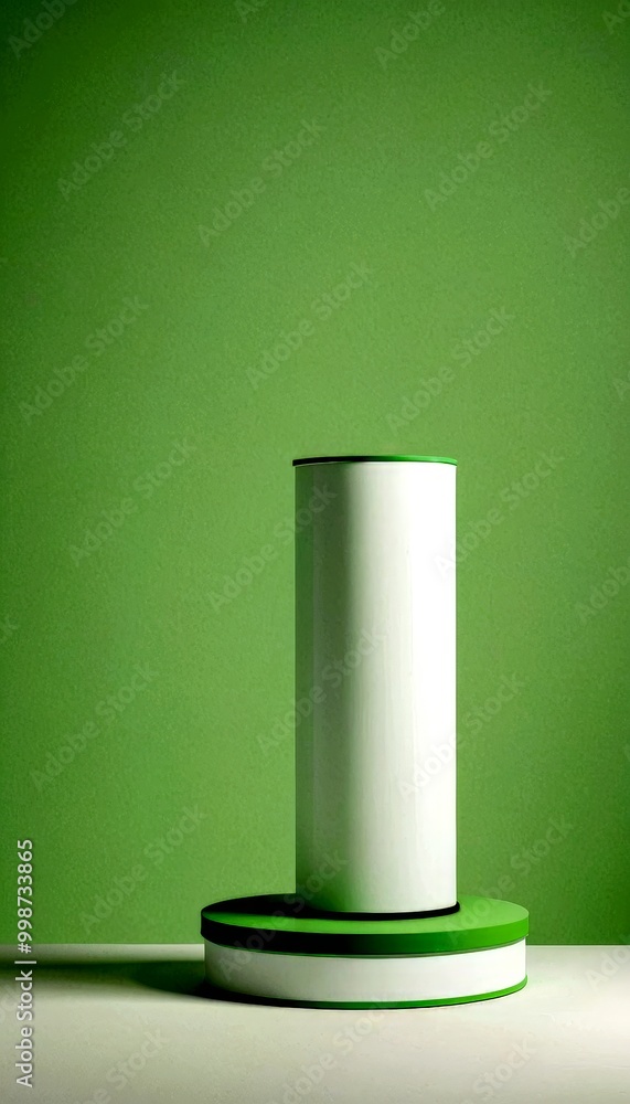 Aufkleber a white cylindrical object with a green rim is placed on a green platform against a light green back