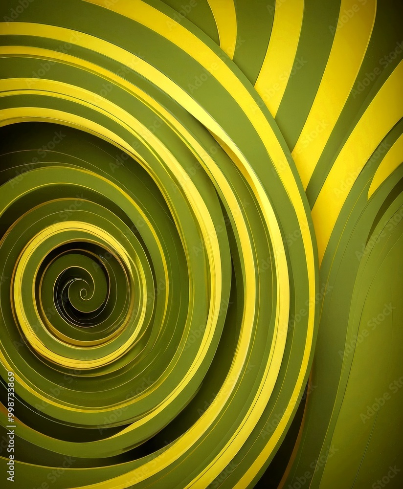 Leinwandbilder a spiral pattern composed of overlapping concentric circles in various shades of green and yellow, creating a visually striking and abstract design.