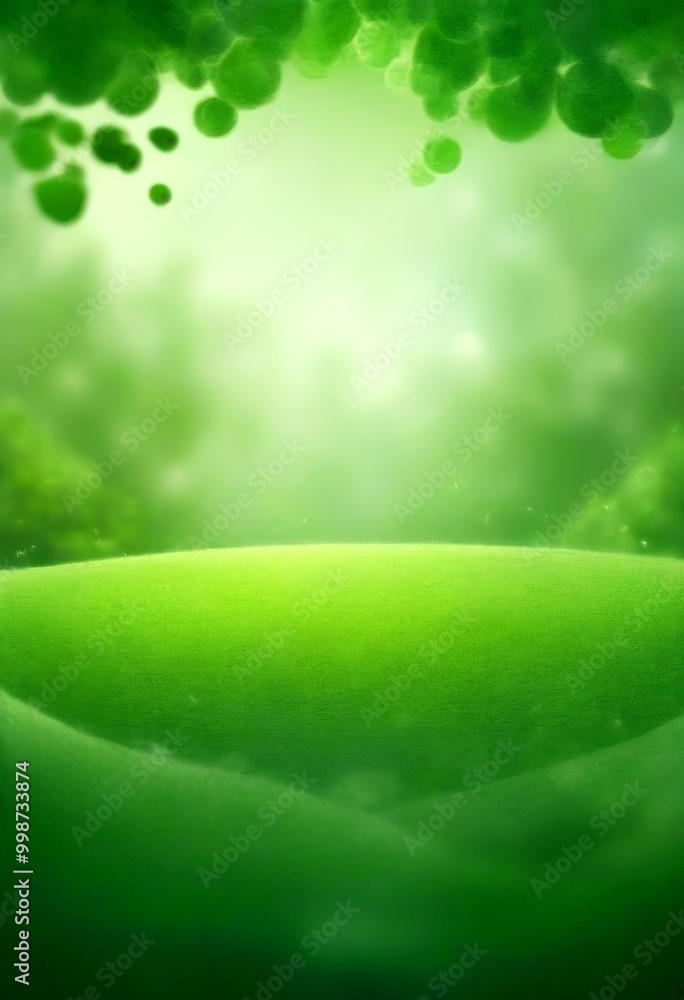 Poster A serene, lush green landscape with a rolling hill and scattered trees in the background, creating a tranquil and peaceful atmosphere