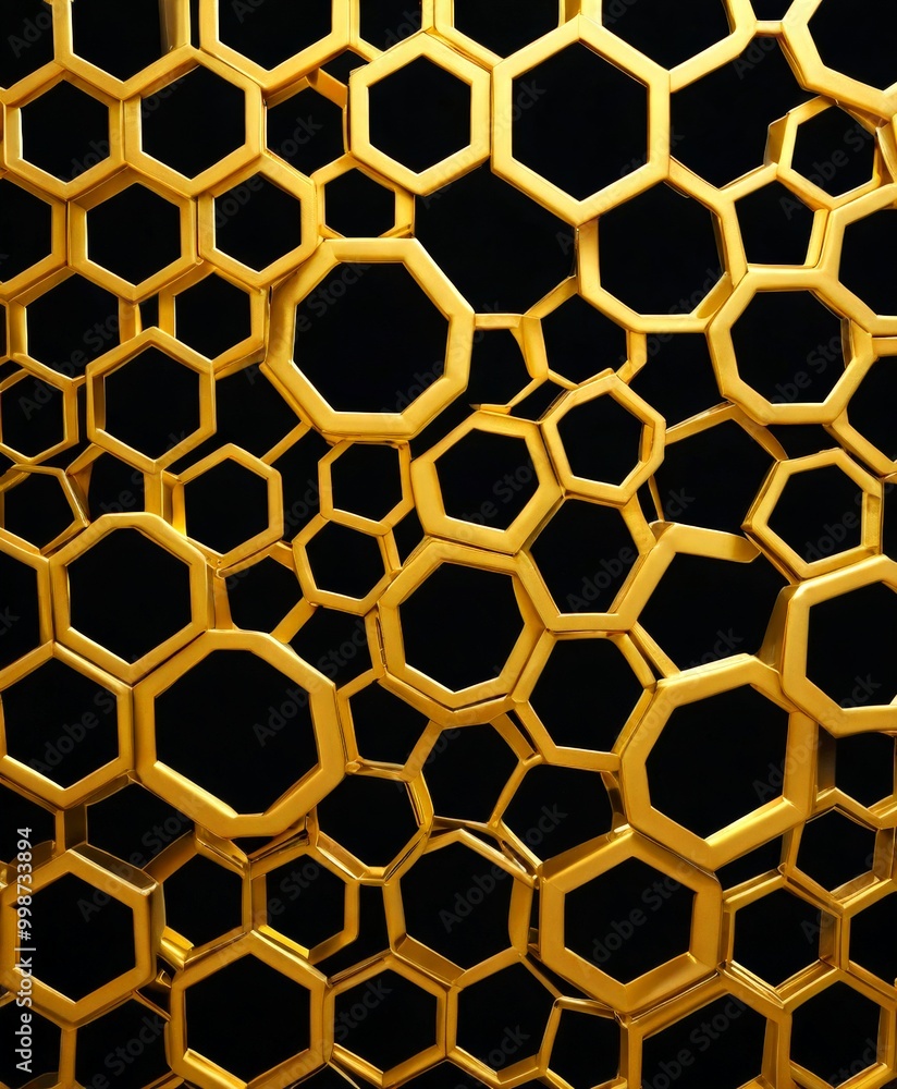 Poster a repeating pattern of golden hexagonal shapes against a black background, creating a visually strik