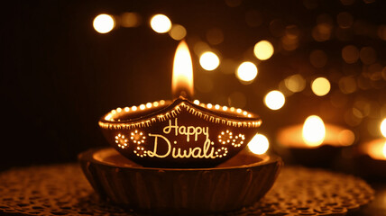 Golden Diya with 'Happy Diwali' Text and Bokeh Background, Festival of Lights