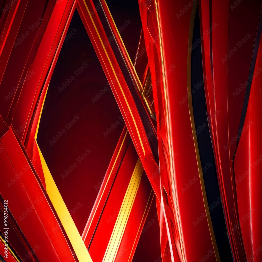 Poster a close-up view red and gold geometric pattern, with a dark red background and a yellow line running through the center