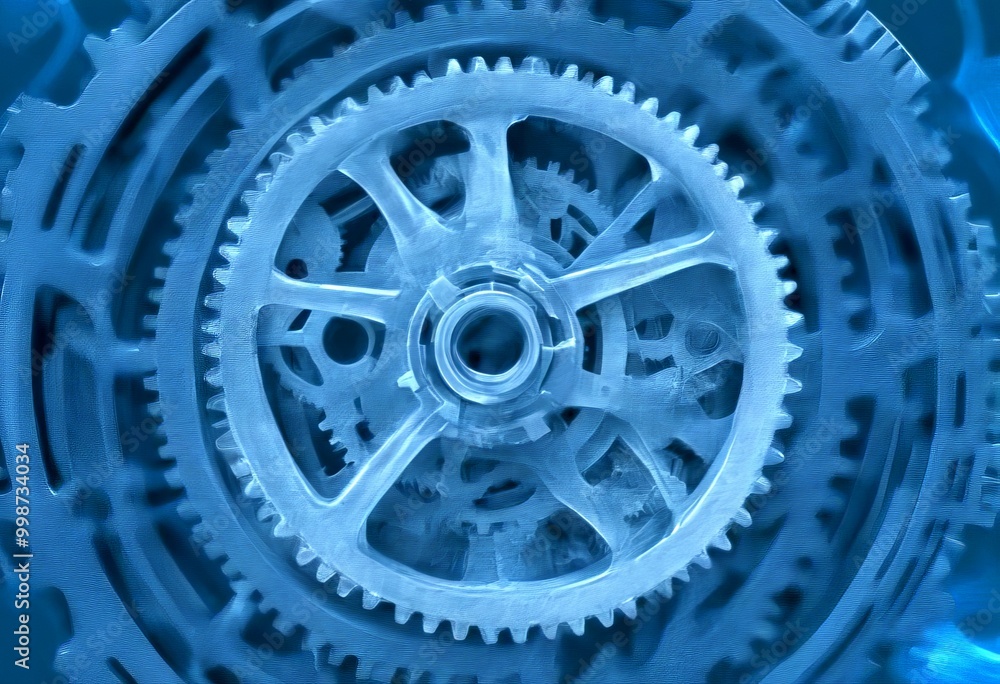 Poster a close-up view complex mechanical gear system, with a focus on the central gear and the intricate a