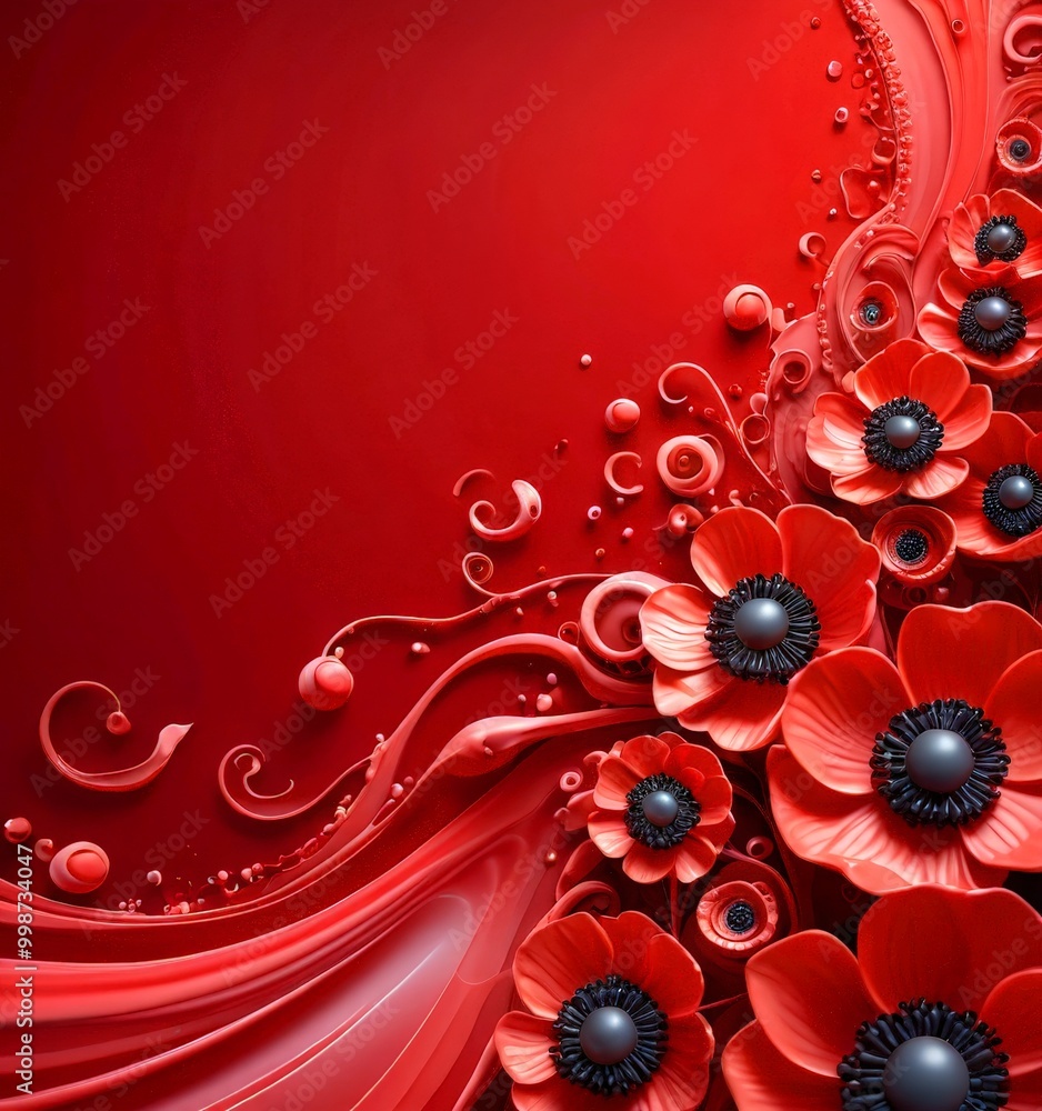 Aufkleber a vibrant red background with a repeating pattern of pink flowers and black centers, creating a stri