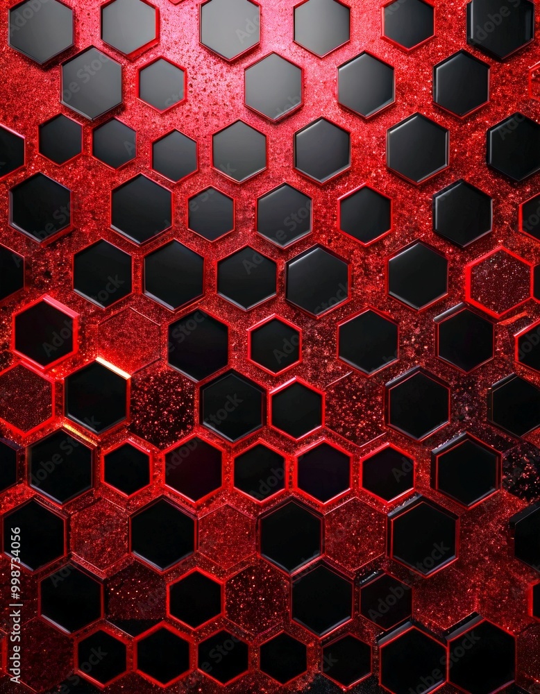 Poster a repeating pattern of hexagonal shapes in varying shades of red and black, creating a visually striking and geometric design