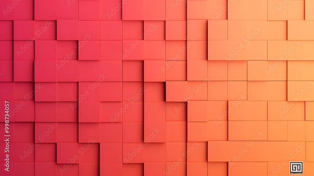 Poster a vibrant geometric pattern featuring layered, rectangular shapes in shades of red and orange, creat