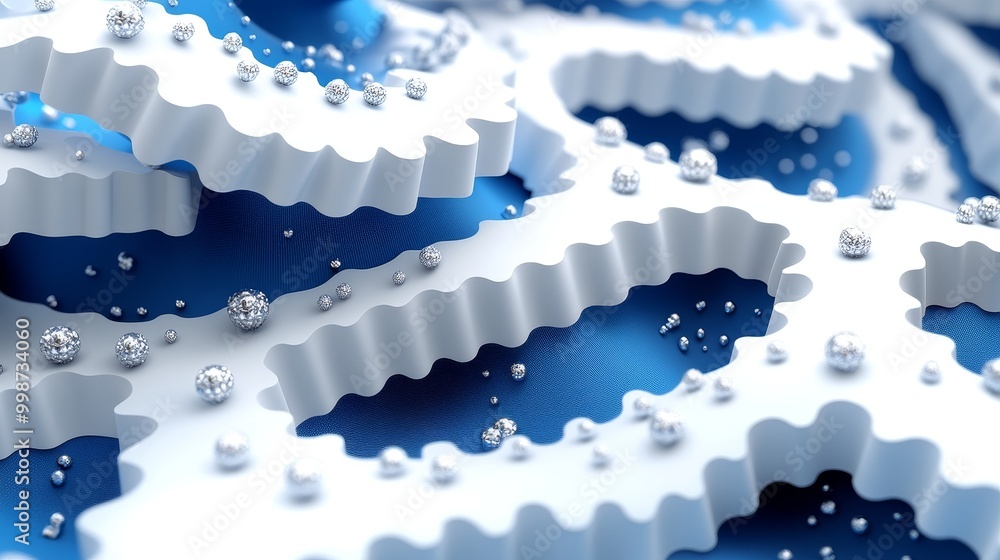 Poster abstract depiction of interlocking gears in white and blue, showcasing technological design and prec