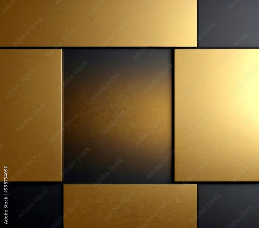 Poster a geometric pattern composed of overlapping rectangular panels in varying shades of gold and black, creating a visually striking and abstract design.