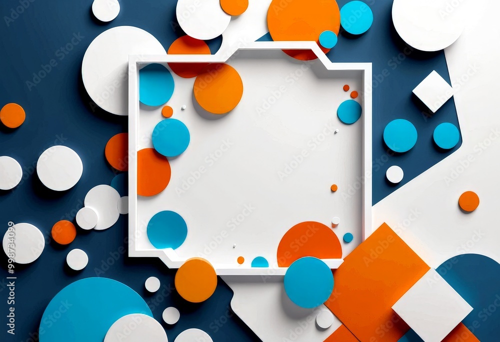 Aufkleber a white square frame with a white border, surrounded by a variety of colorful circles and geometric 