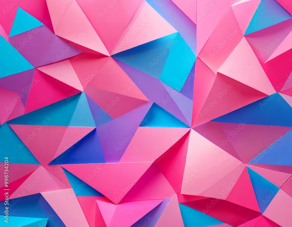 Poster a vibrant abstract composition of overlapping triangular shapes in various shades of pink, blue, and purple, creating a visually striking and dynamic pattern