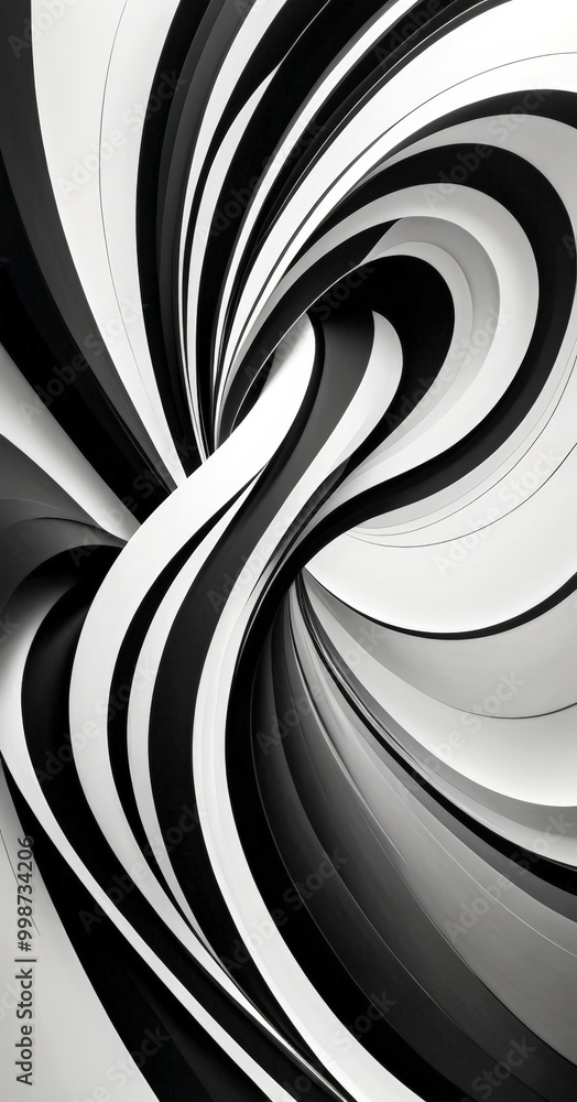 Poster a striking abstract composition featuring a swirling pattern of black and white lines, creating a sense of dynamic movement and energy