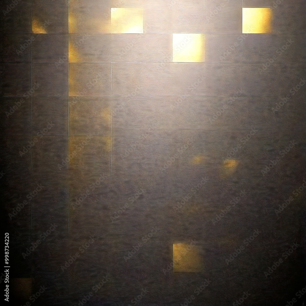 Poster a dark background with a pattern of small, square-shaped golden squares arranged in a grid-like pattern