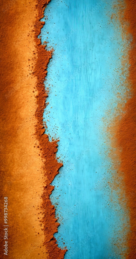 Poster a close-up view textured surface with a blue and brown gradient, featuring a vertical line of brown 