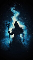 Obraz premium Shiva transforming into cosmic energy while holding a dissolving trident, light particles flowing, Shiva transformation, trident dissolve, cosmic particles