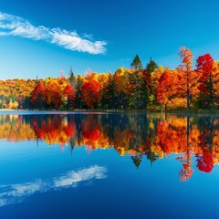 Serene lake surrounding by trees ablaze with autumn colors, reflecting the beauty of the season in the tranquil water.